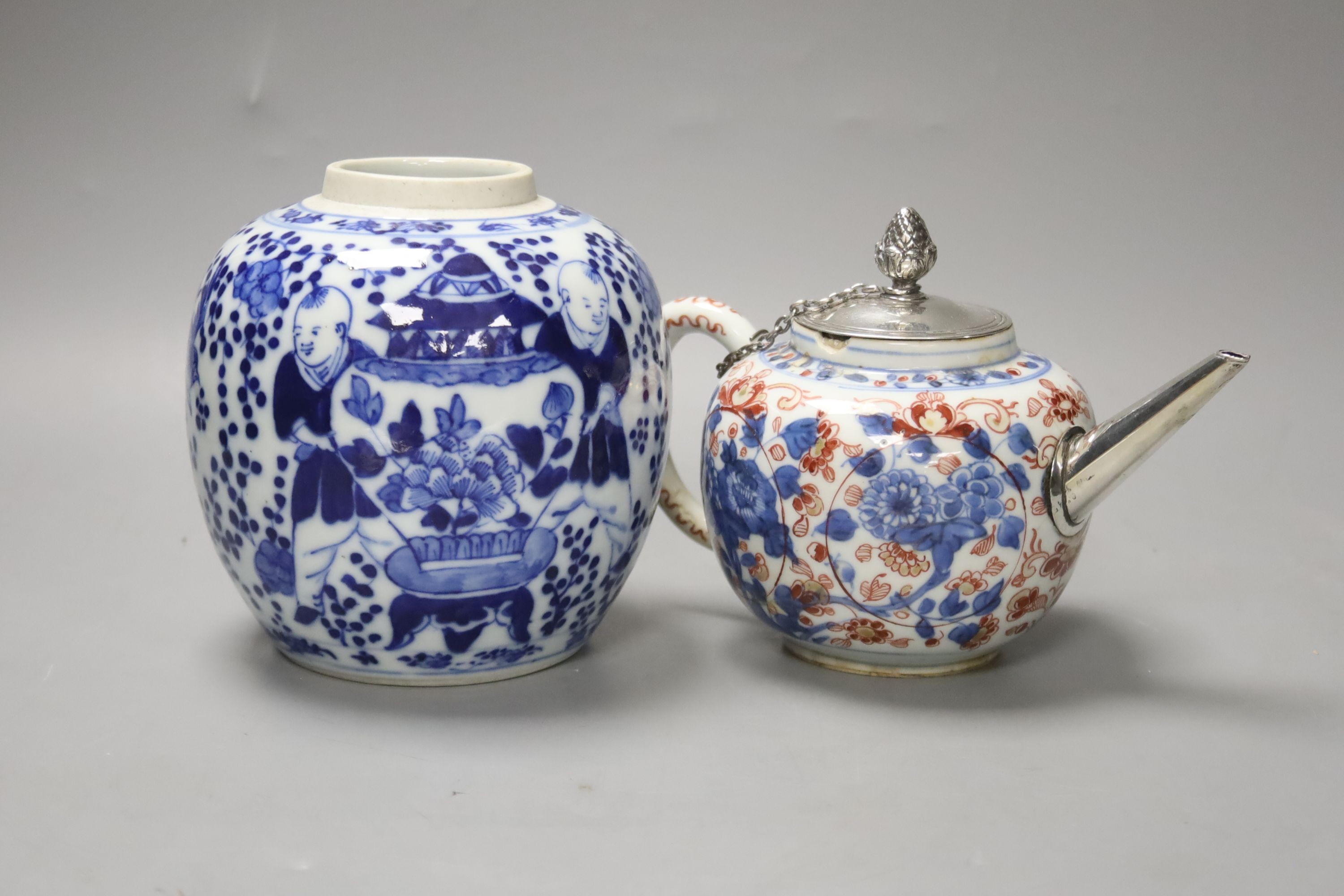 A Chinese Imari porcelain teapot with white metal cover, H 12cm, together with a 19th century Chinese blue and white jar, Kangxi marks to the underside, an eastern metal bowl and plate